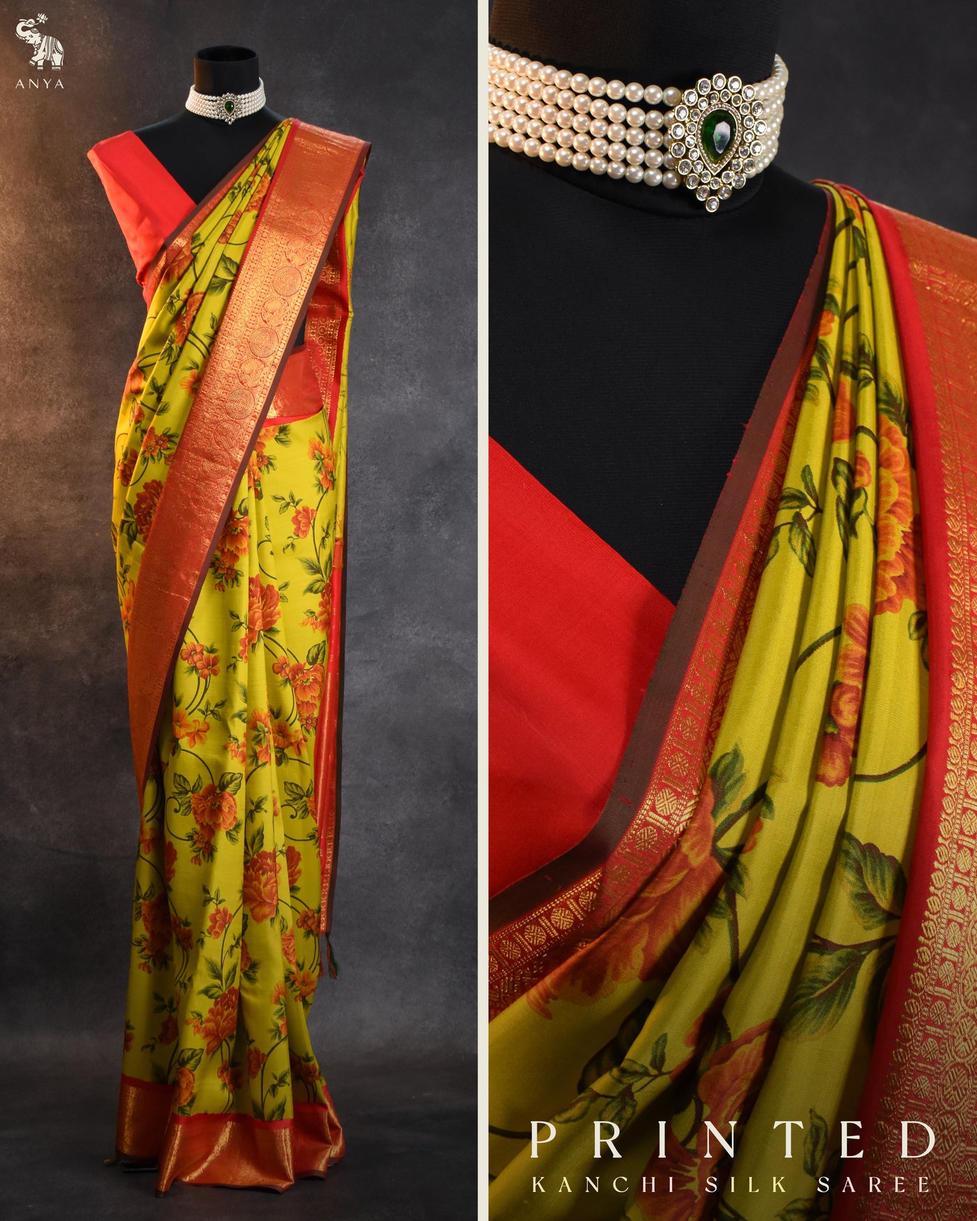 Arakku Mustard Printed Kanchi Silk Saree with Floral Printed Design