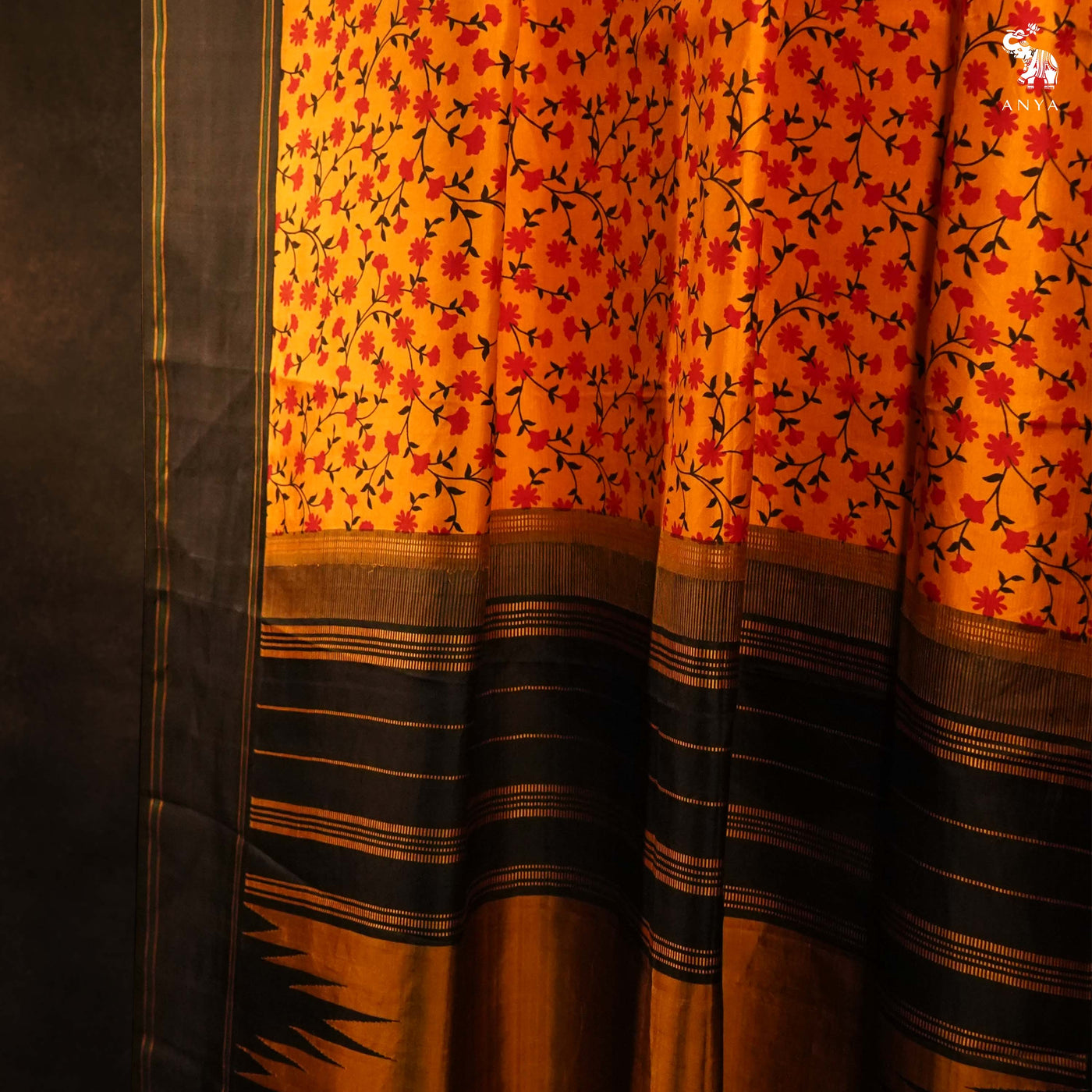 Mustard Printed Kanchi Silk Saree with Floral Creeper Design