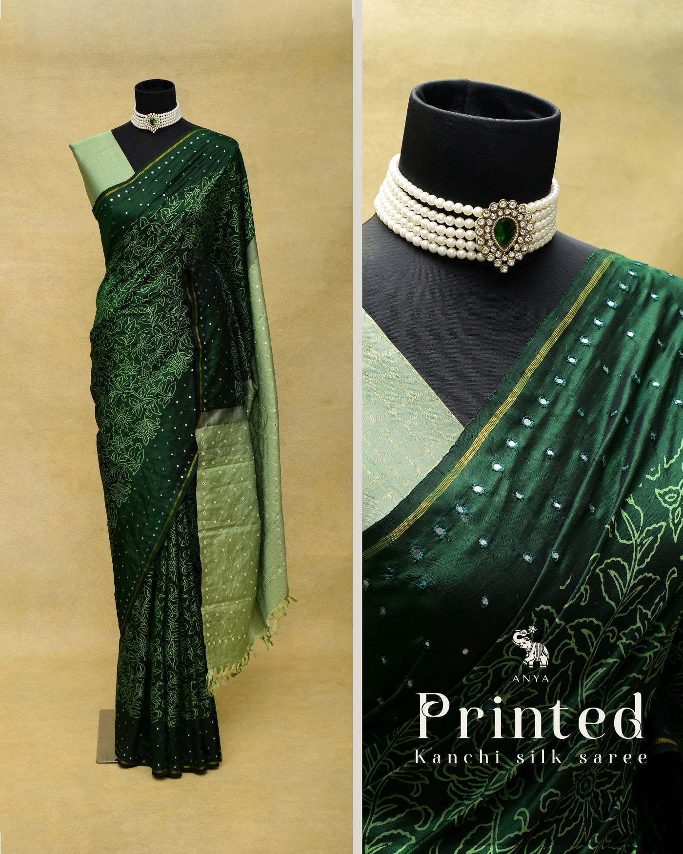 Bottle Green Printed Kanchi Silk Saree with Floral Print and Mirror Work Design