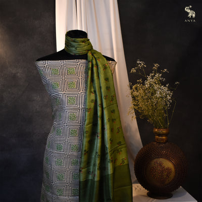 Off White Tussar Silk Salwar with Apple Green Floral Printed Dupatta