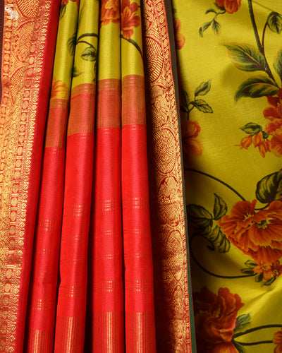 Arakku Mustard Printed Kanchi Silk Saree with Floral Printed Design