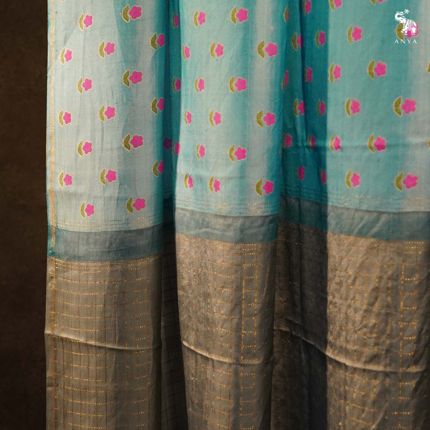 Powder Blue Printed Kanchi Silk Saree with Small Flower Print Design