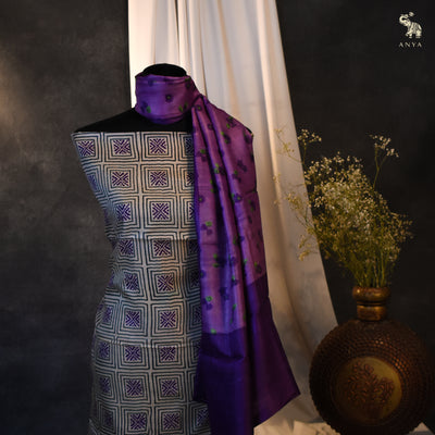 Off White Tussar Silk Salwar with Lavender Floral Printed Dupatta