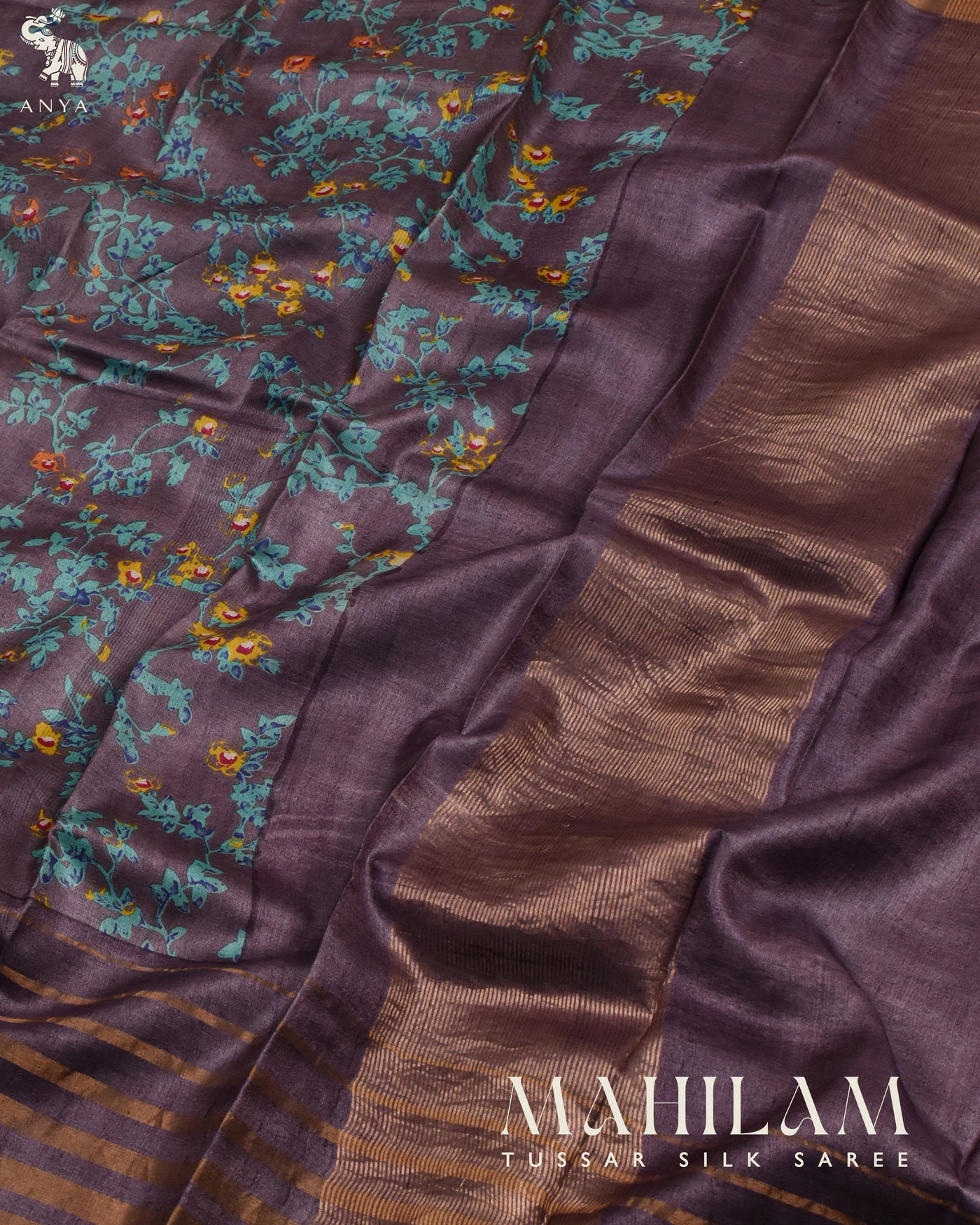 Lilac Tussar Silk Saree with Floral Printed Design