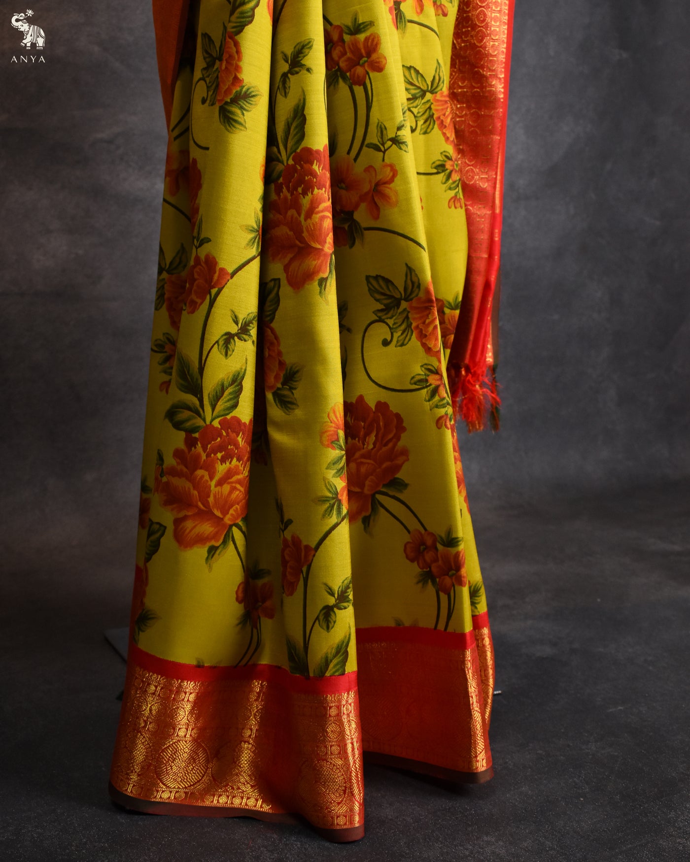 Arakku Mustard Printed Kanchi Silk Saree with Floral Printed Design