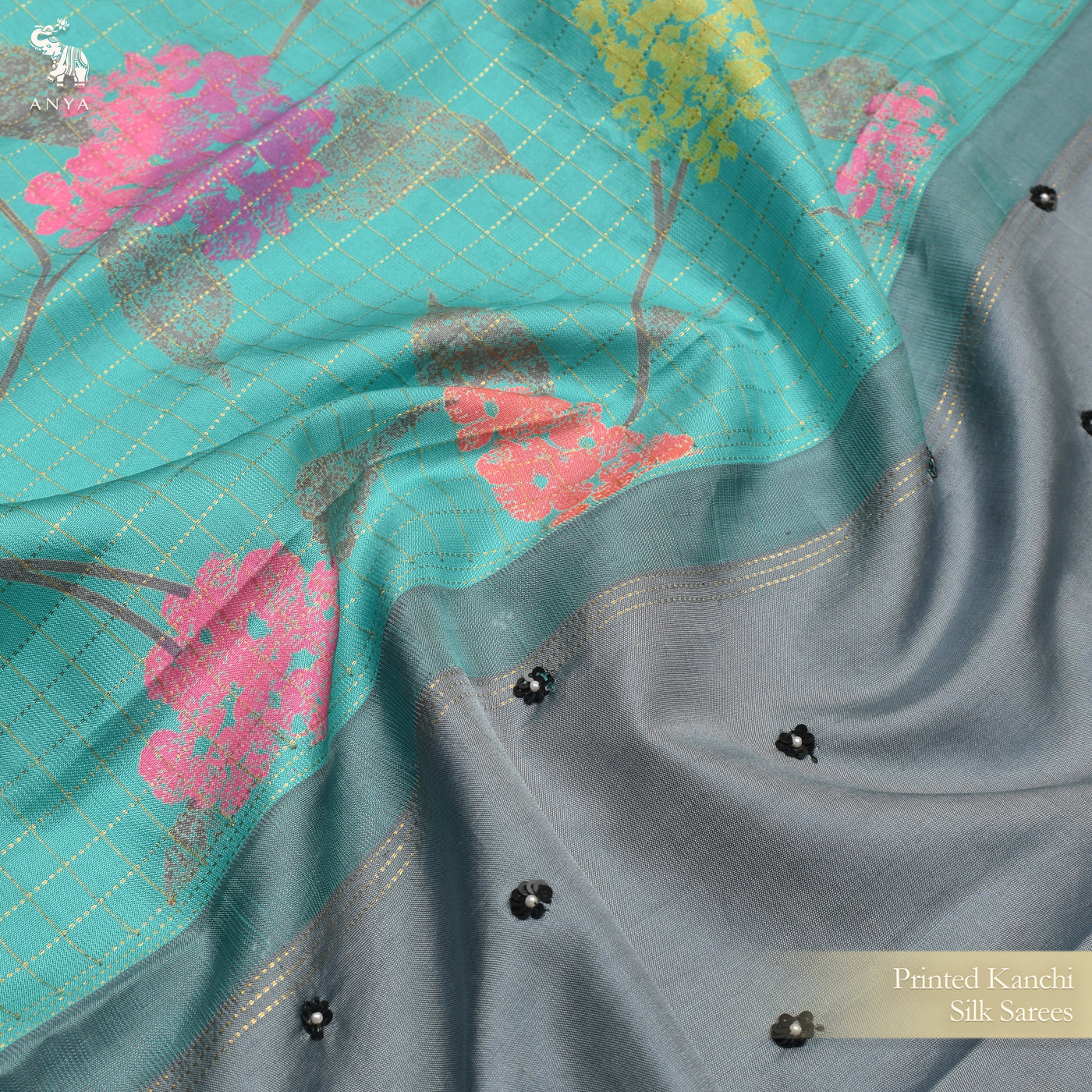 Rexona Printed Kanchi Silk Saree with Zari Kattam and Floral Print Design