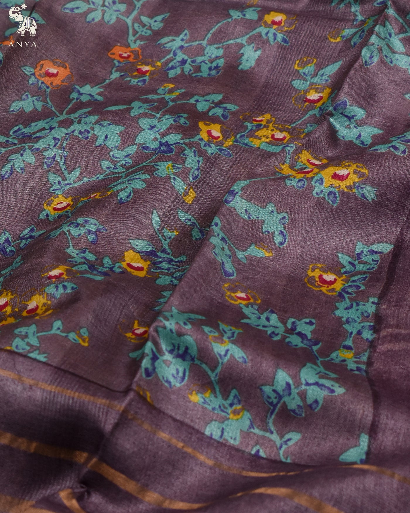 Lilac Tussar Silk Saree with Floral Printed Design