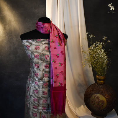 Off White Tussar Silk Salwar with Onion Pink Floral Printed Dupatta