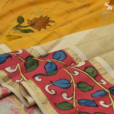 Mustard Pen Kalamkari Silk Saree with Floral and Kattam Design