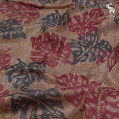 Off White Tussar Silk Saree with Big Checks and Leaf Printed Design