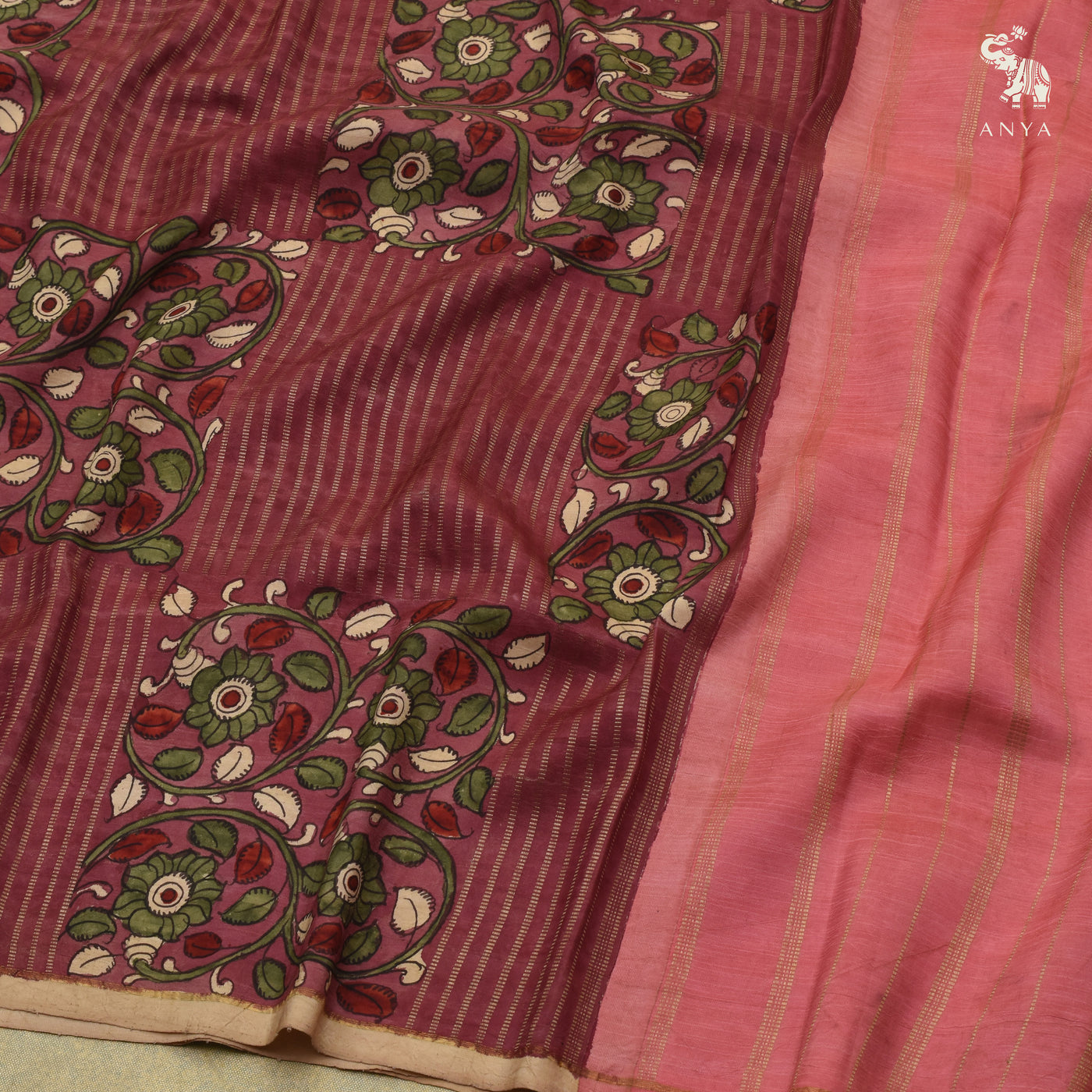 V Pakku Pen Kalamkari Silk Saree with Box Pattern Design