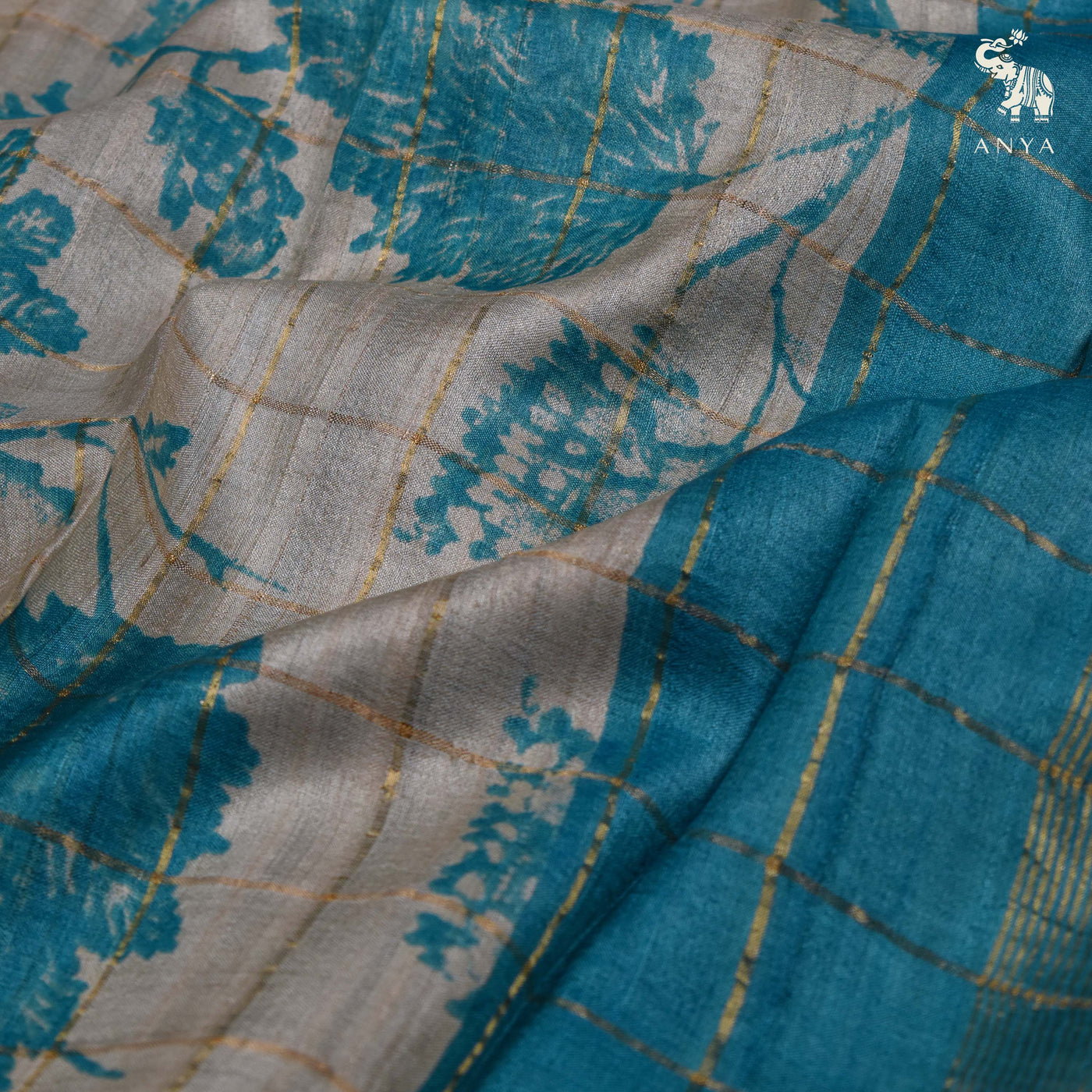 Off White Tussar Silk Saree with Leaf Print and Zari Checks Design