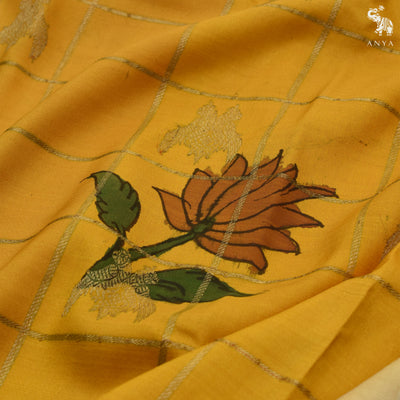 Mustard Pen Kalamkari Silk Saree with Floral and Kattam Design