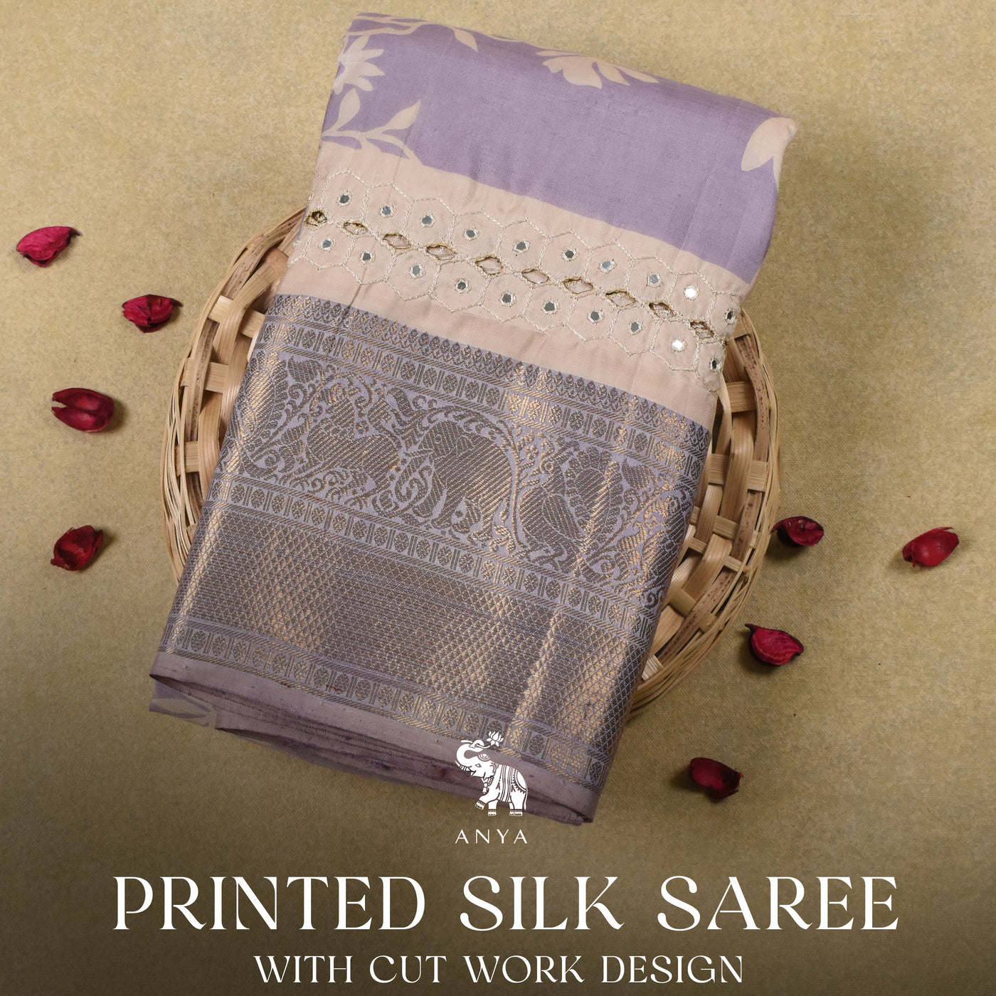 Lavender Printed Kanchi Silk Saree with Cut Work Design
