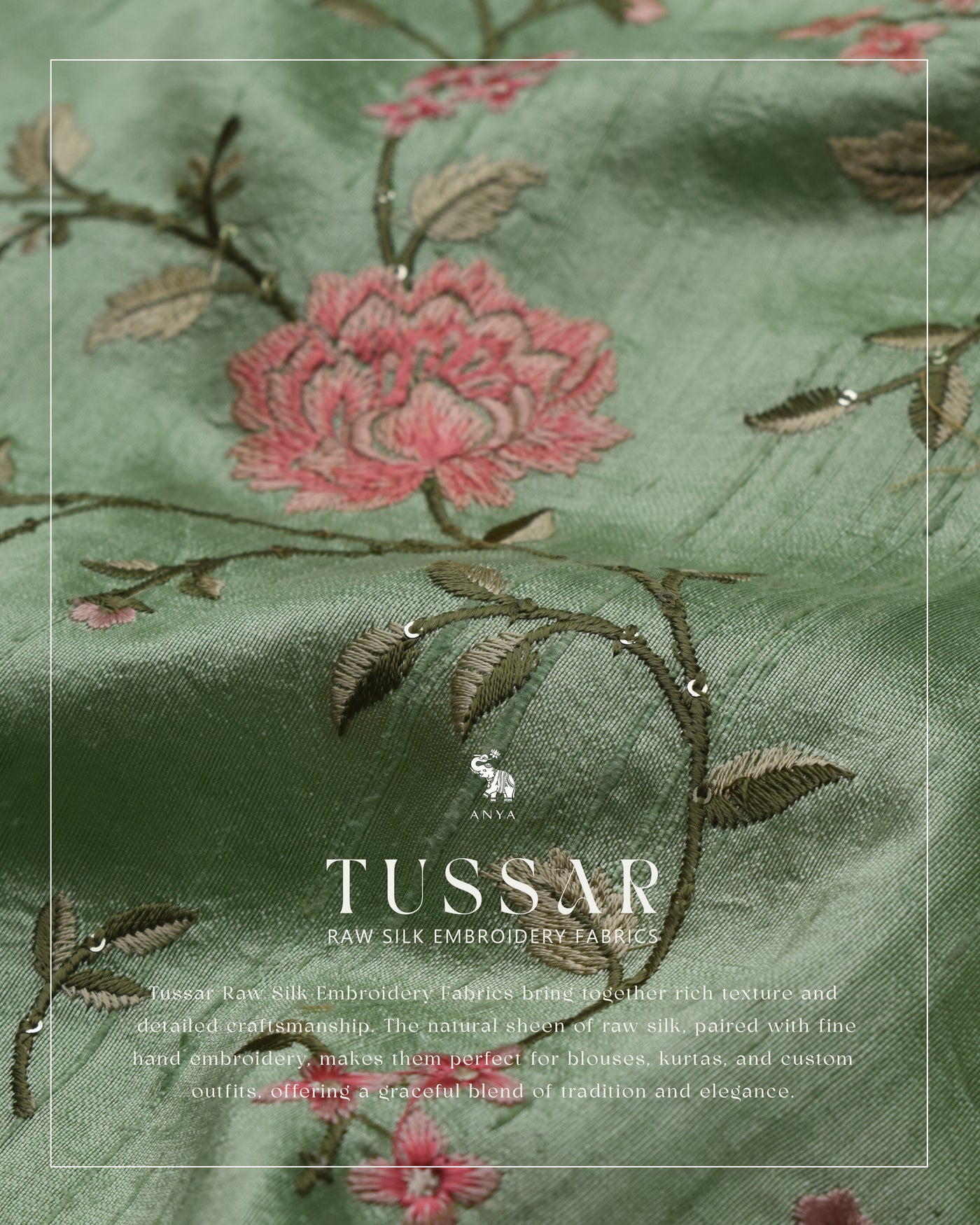 Elaichi Green Tussar Raw Silk Fabric with Floral Creeper Embroidery Design