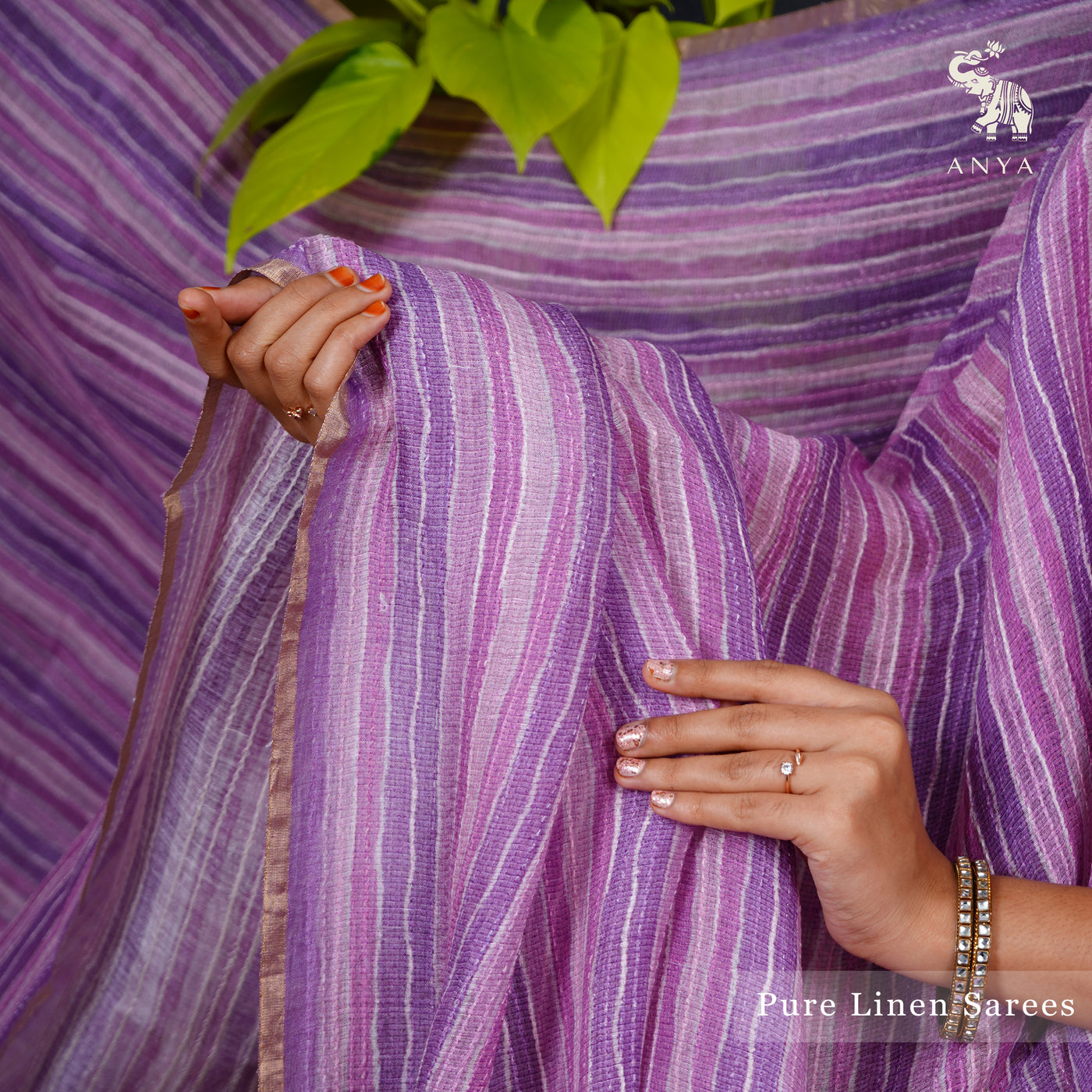 Lavender Linen Saree with Stripes Design