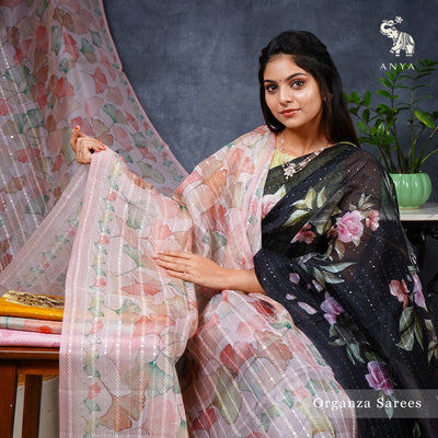 Onion Pink Organza Silk Saree with Floral Sequins Design