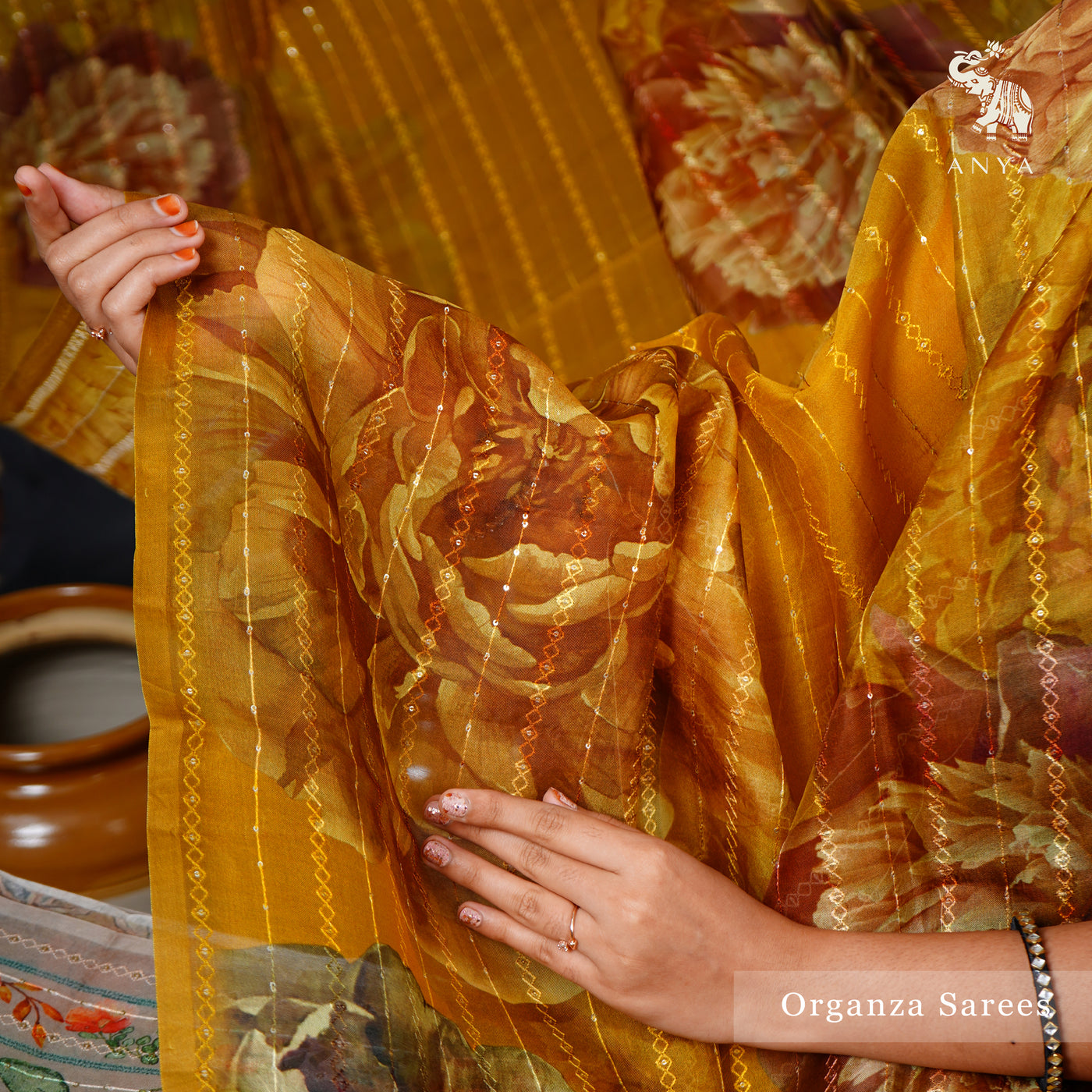 Mustard Organza Silk Saree with Floral Sequins Design