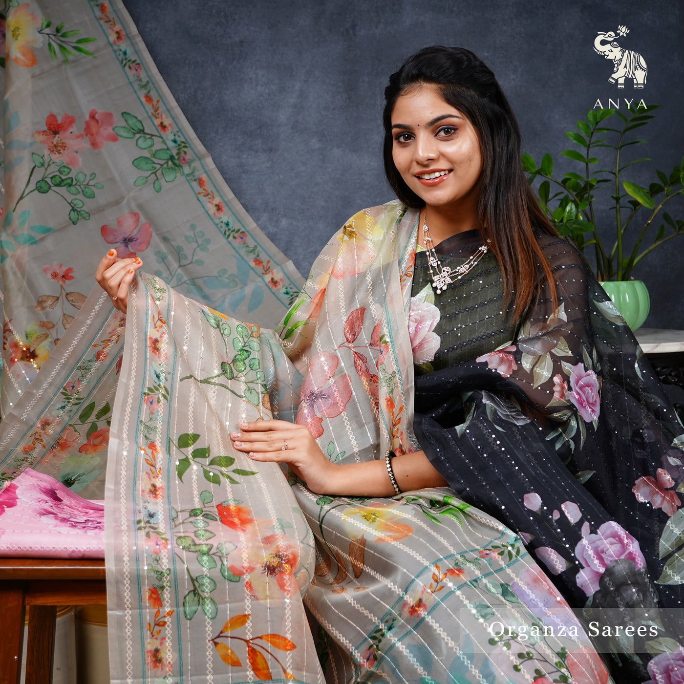 Olive Green Organza Silk Saree with Floral Sequins Design