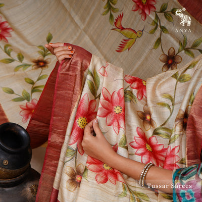 Off White Tussar Silk Saree with Kalamkari Print Design