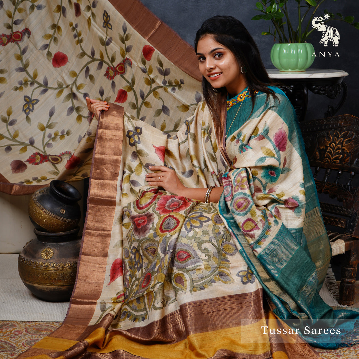 Off White Tussar Silk Saree with Kalamkari Print Design