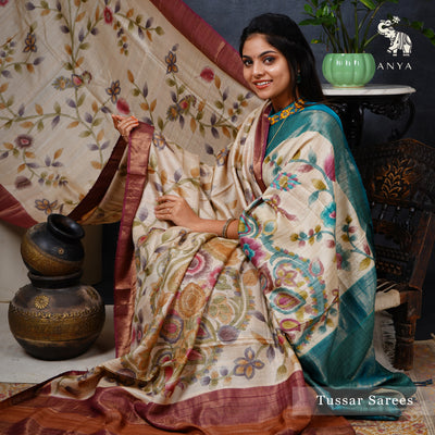 Off White Tussar Silk Saree with Kalamkari Print Design