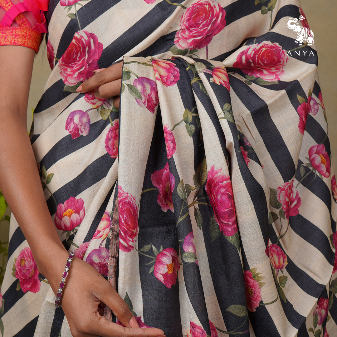 Off White and Black Tussar Silk Saree with Rose Printed Design