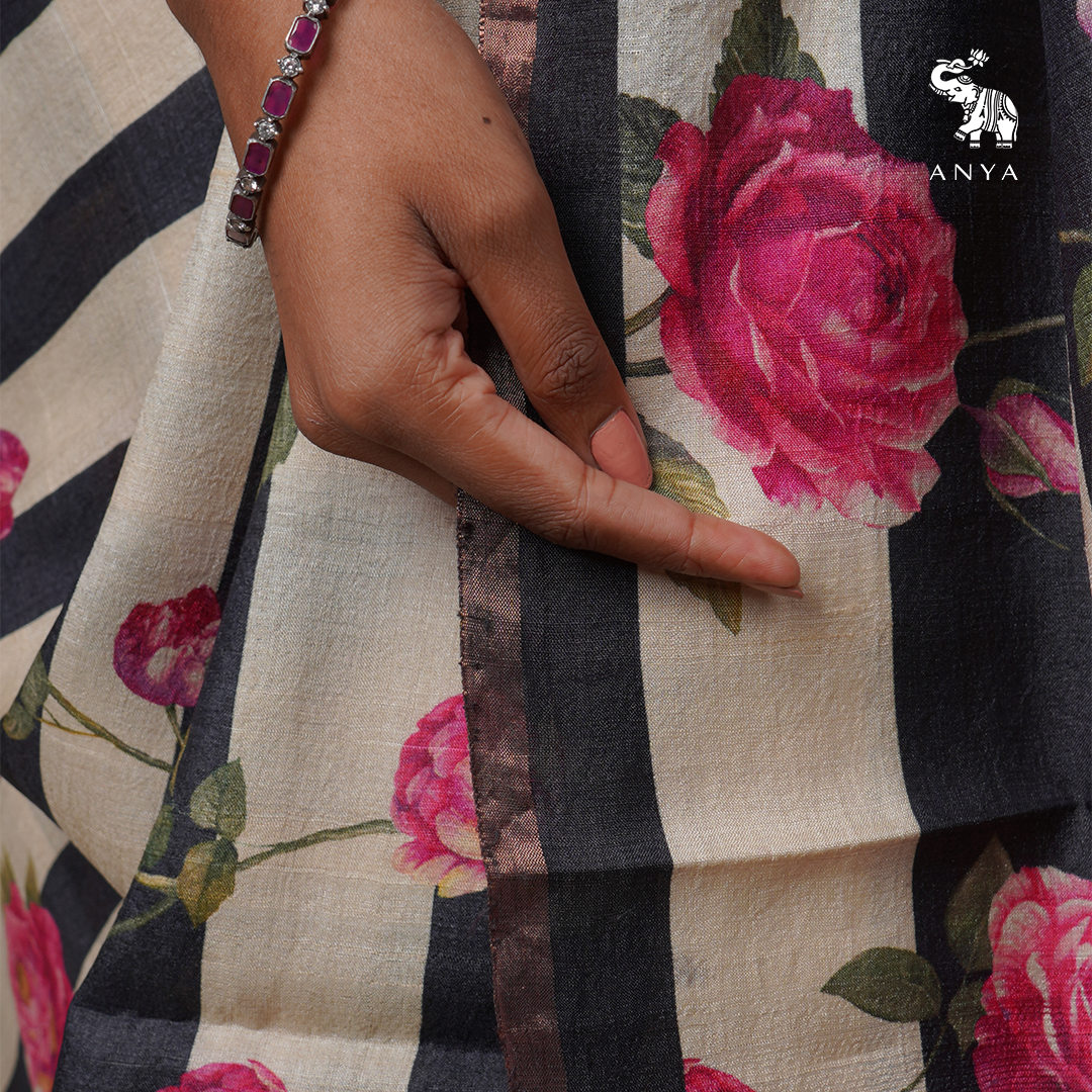 Off White and Black Tussar Silk Saree with Rose Printed Design