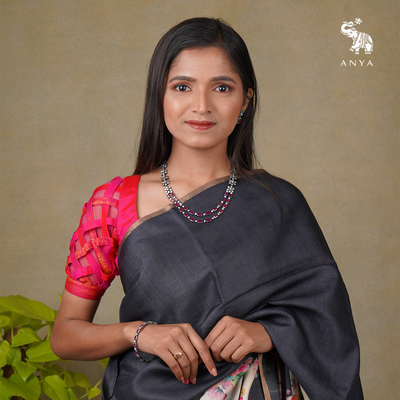 Off White and Black Tussar Silk Saree with Floral Printed Design