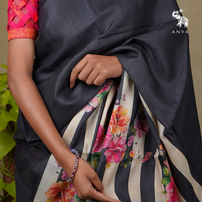 Off White and Black Tussar Silk Saree with Floral Printed Design