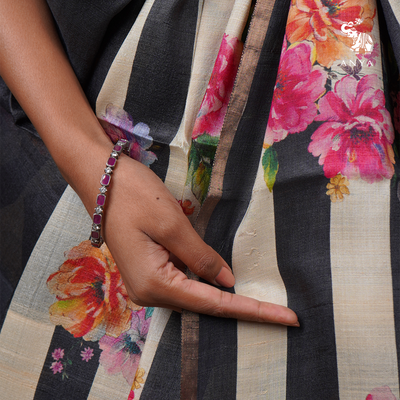Off White and Black Tussar Silk Saree with Floral Printed Design