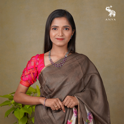 Off White and Olive Green Tussar Silk Saree with Floral Printed Design