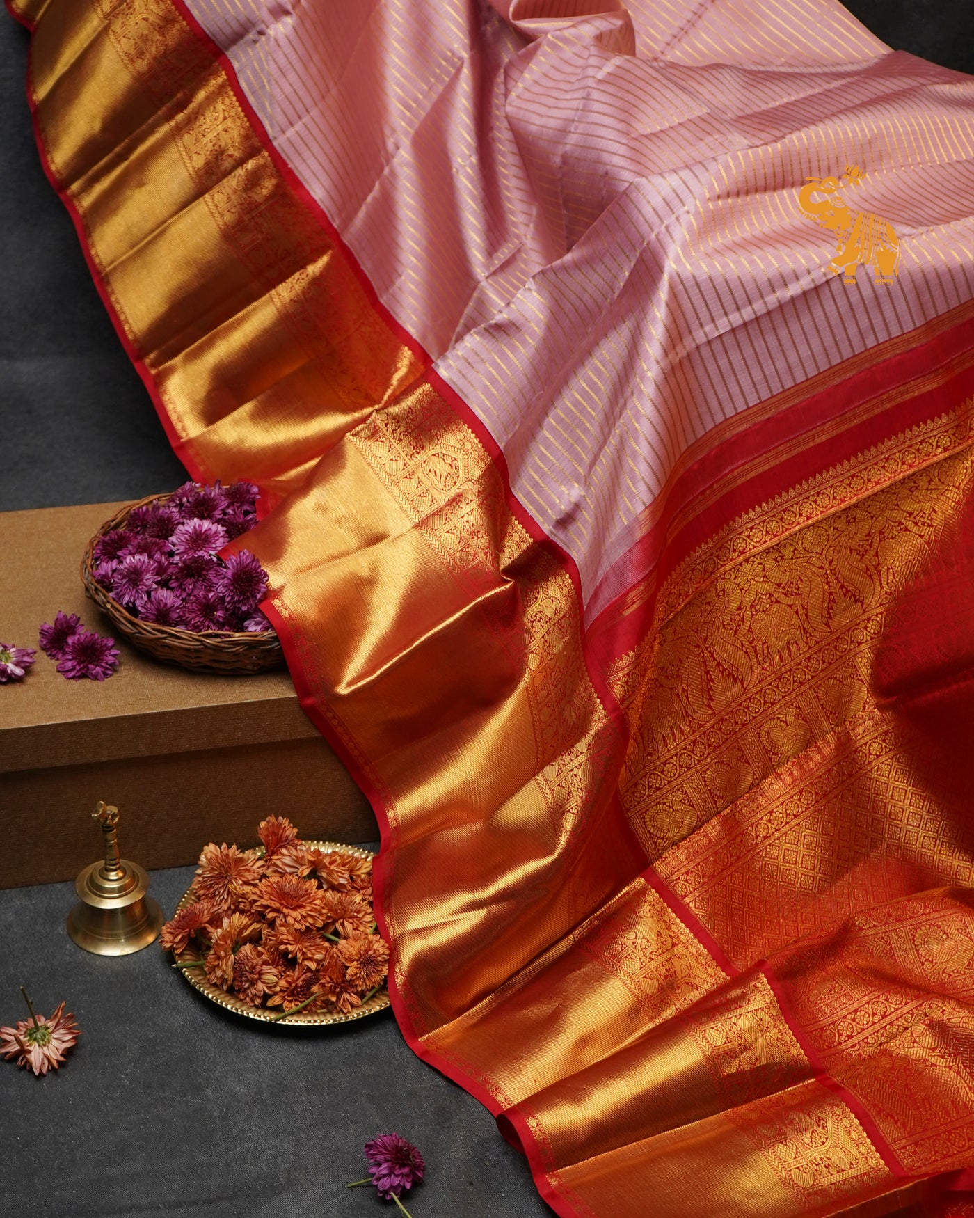 Onion Pink Kanchipuram Silk Saree with Stripes Design