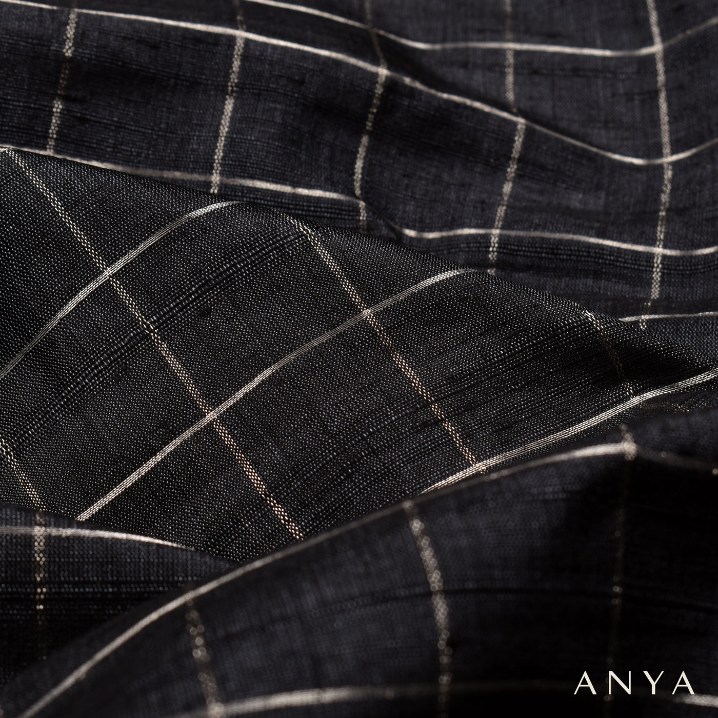 Black Checked Tussar Silk Fabric