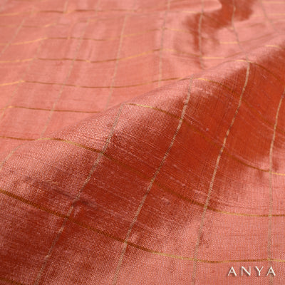 Orange Checked Tussar Silk Fabric