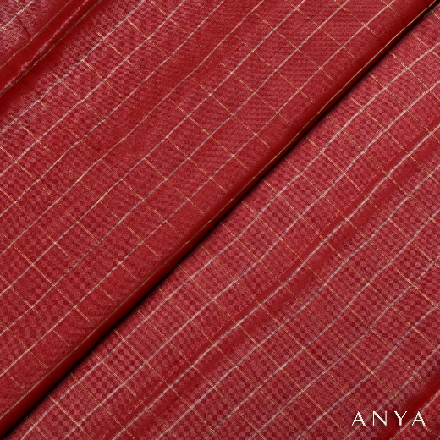 Maroon Checked Tussar Silk Fabric