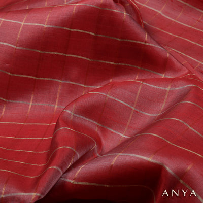 Maroon Checked Tussar Silk Fabric
