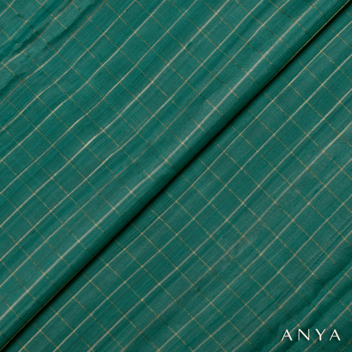 Green Checked Tussar Silk Fabric