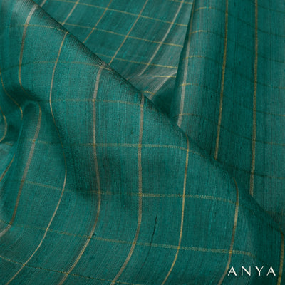 Green Checked Tussar Silk Fabric