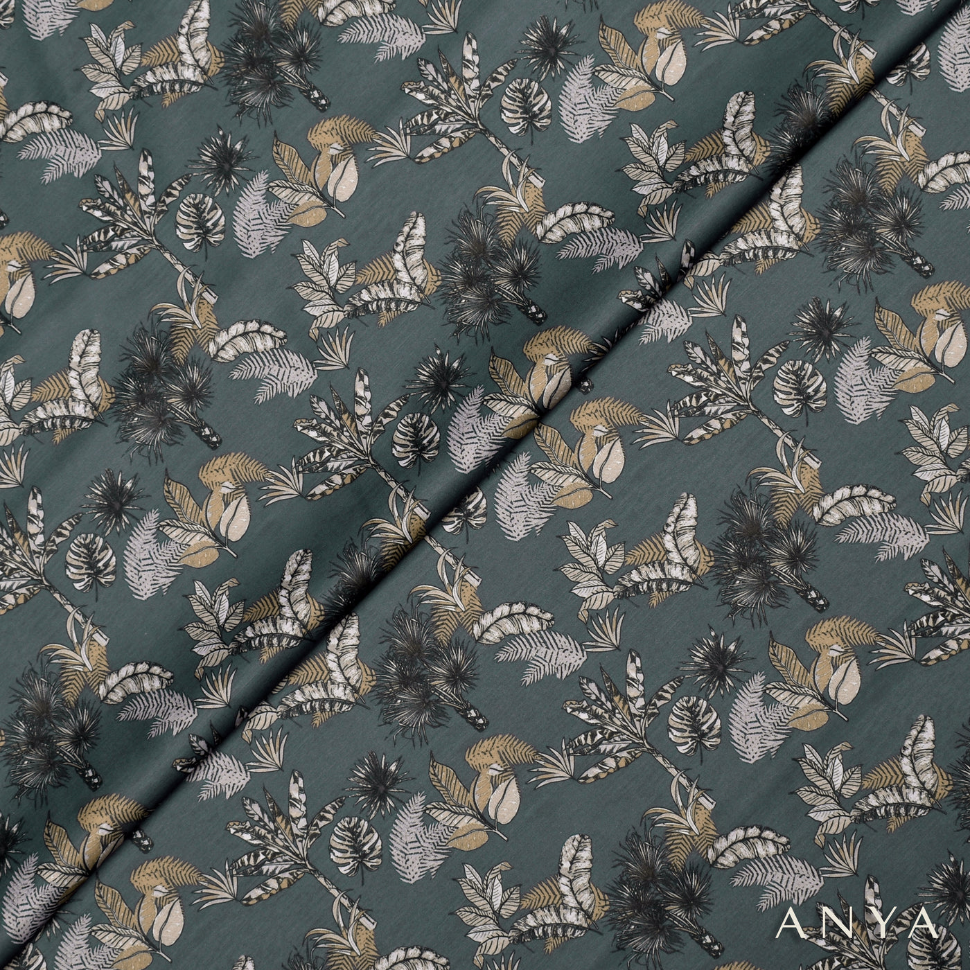 Grey Satin Silk Fabric with Leaf Printed Design