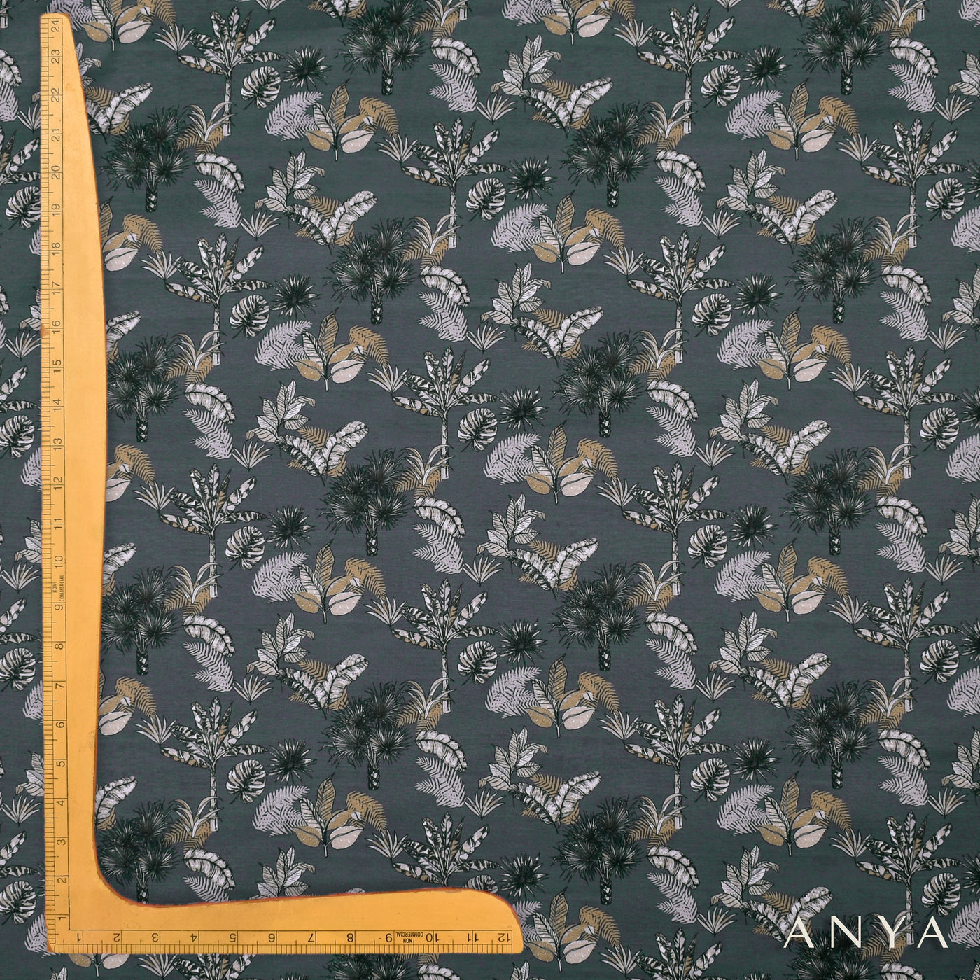 Grey Satin Silk Fabric with Leaf Printed Design