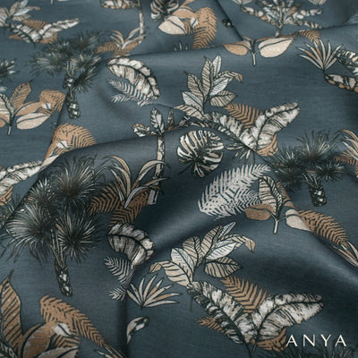 Grey Satin Silk Fabric with Leaf Printed Design