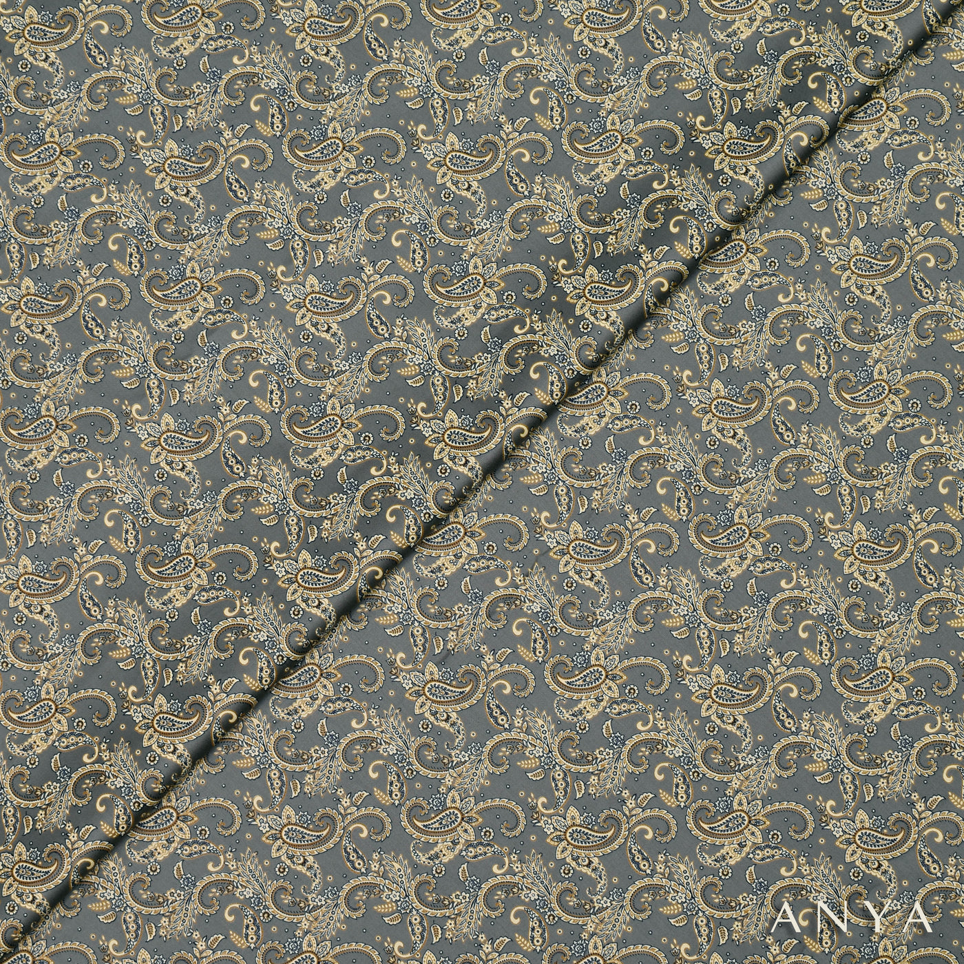 Grey Satin Silk Fabric with Creeper Design