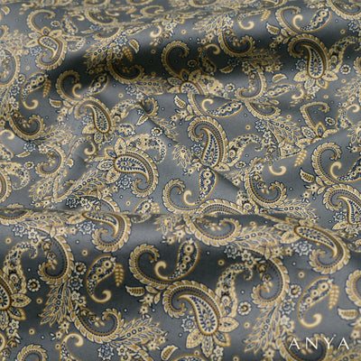 Grey Satin Silk Fabric with Creeper Design