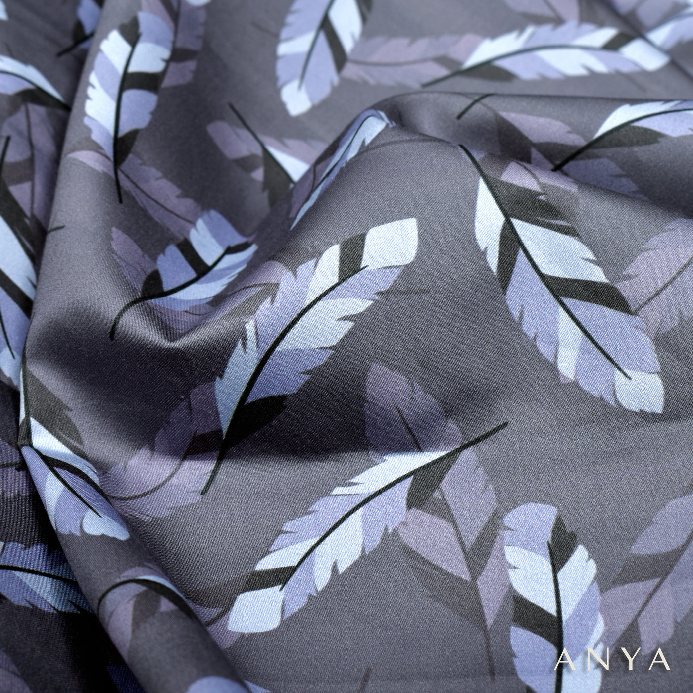 Grey Satin Silk Fabric with Leaf Print Design