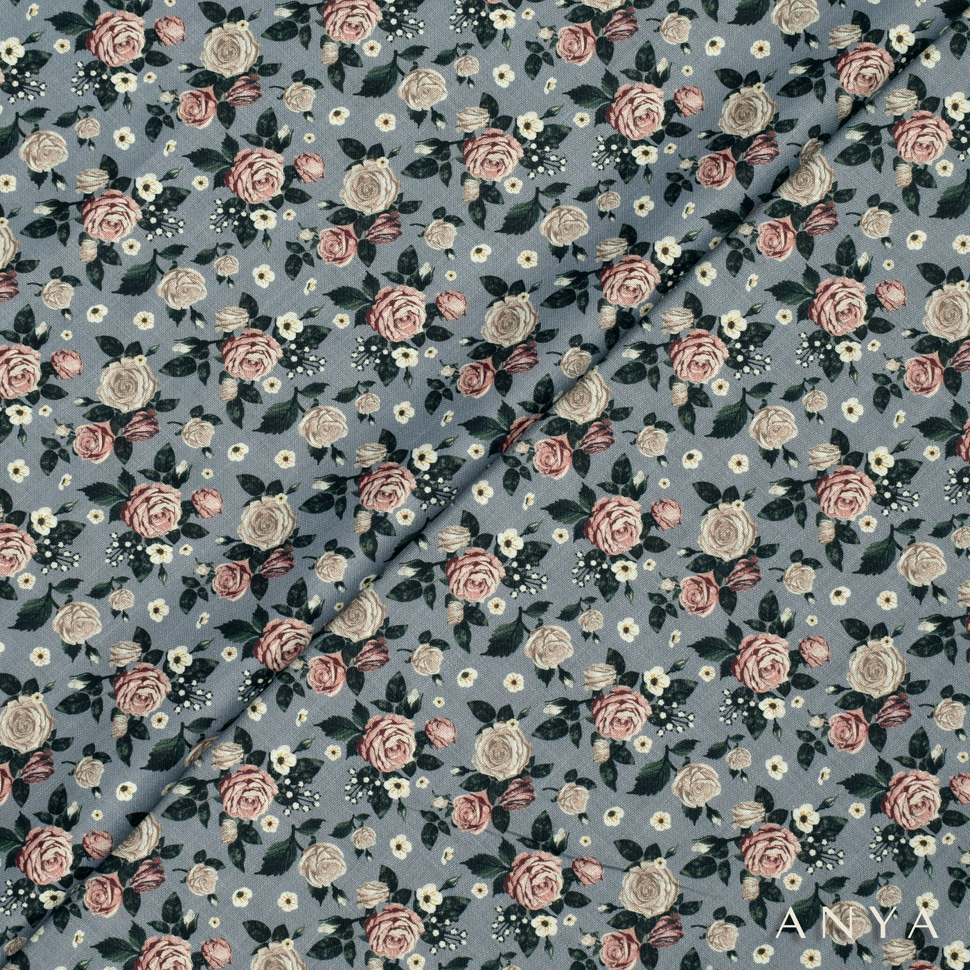 Grey Linen Fabric with Floral Print Design