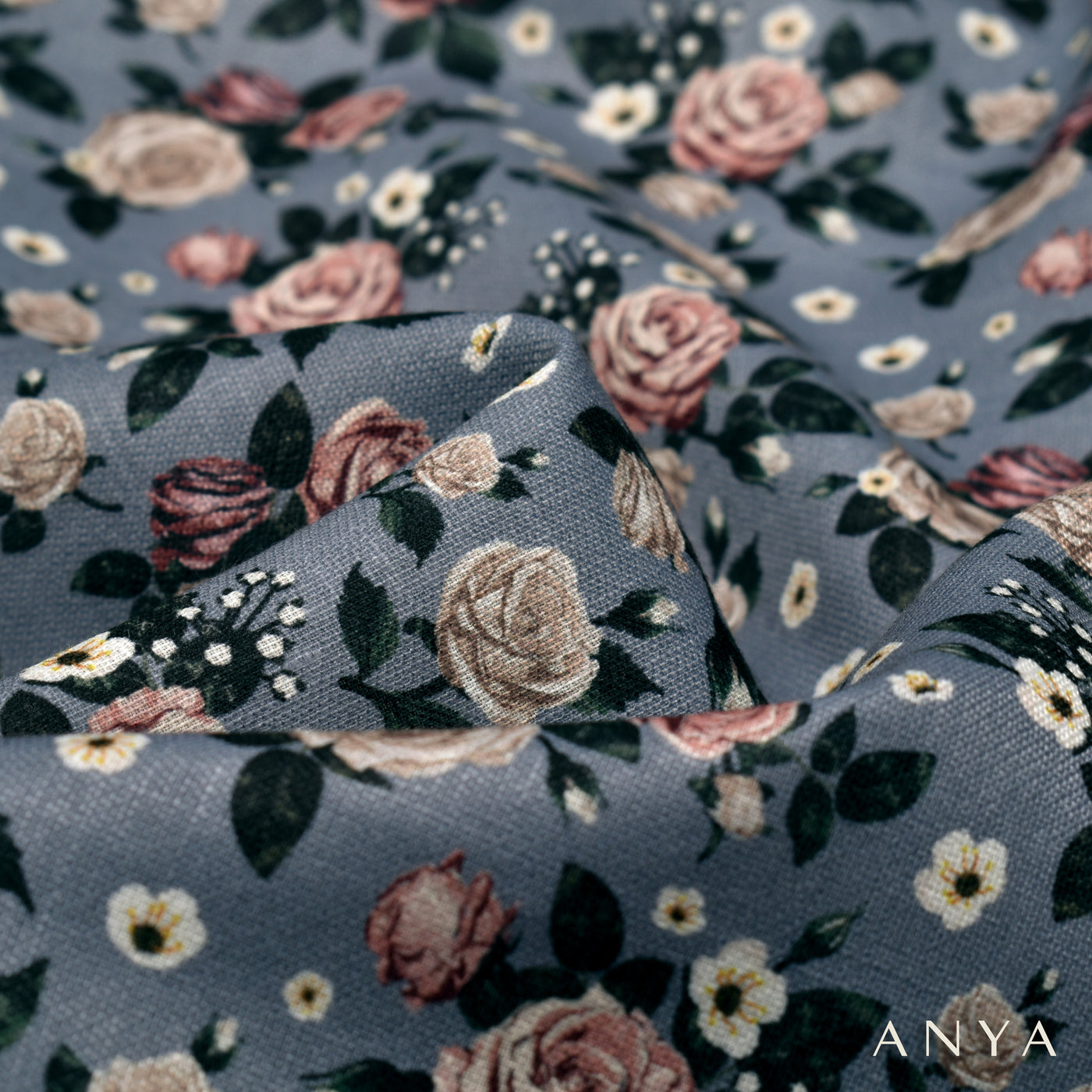 Grey Linen Fabric with Floral Print Design