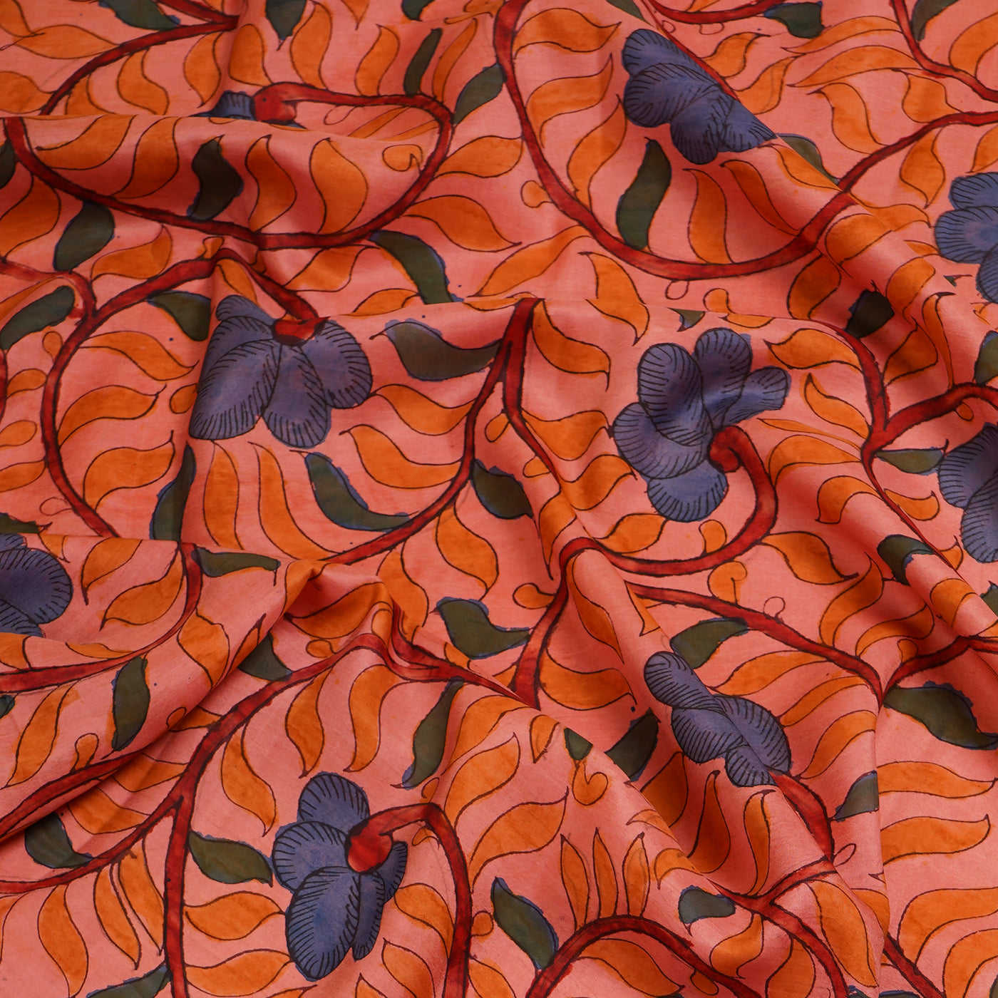 Onion Pink Pen Kalamkari Fabric with Creeper Design