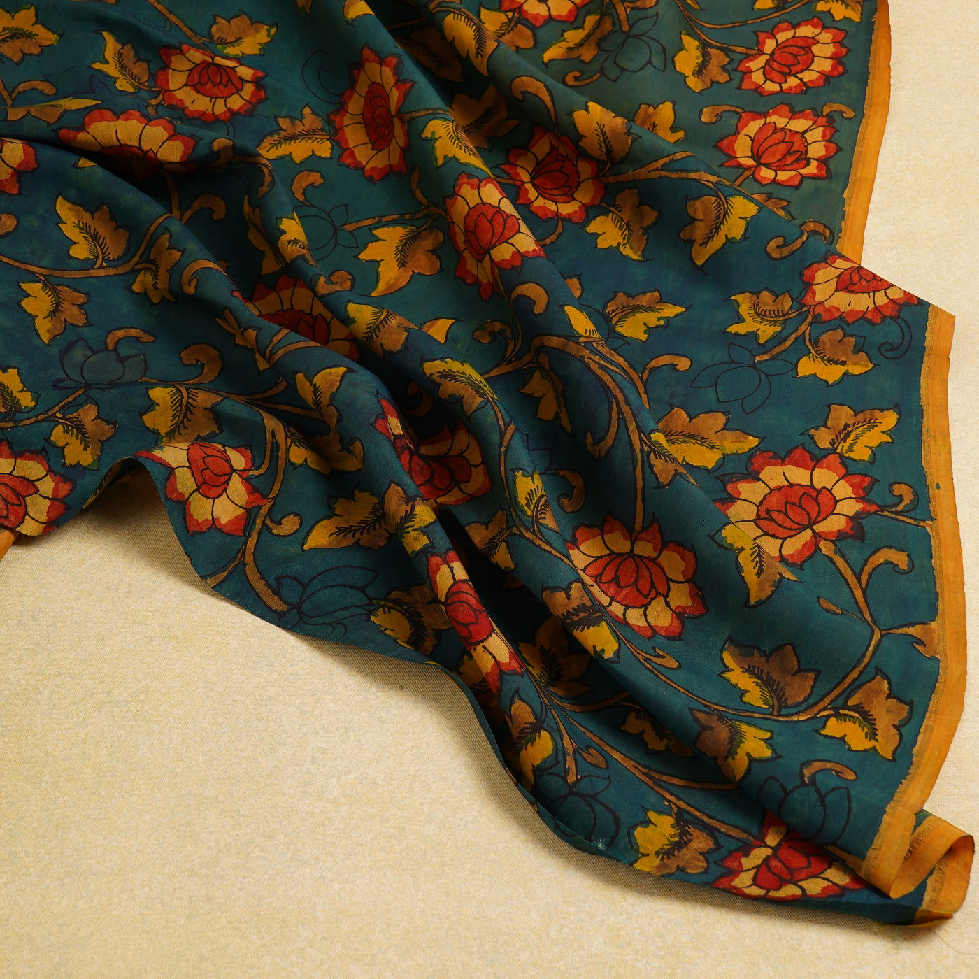 Peacock Blue Pen Kalamkari Fabric