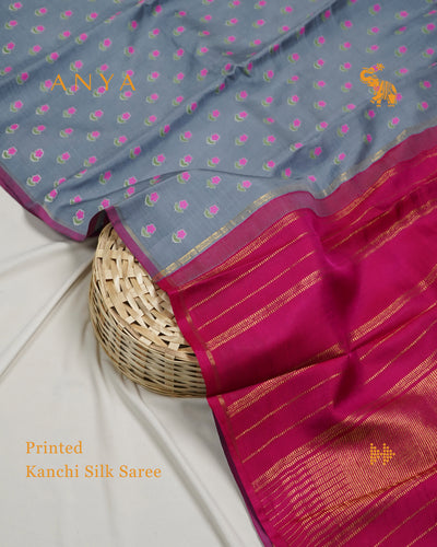 Grey Printed Kanchi Silk Saree with Small Flower Print Design